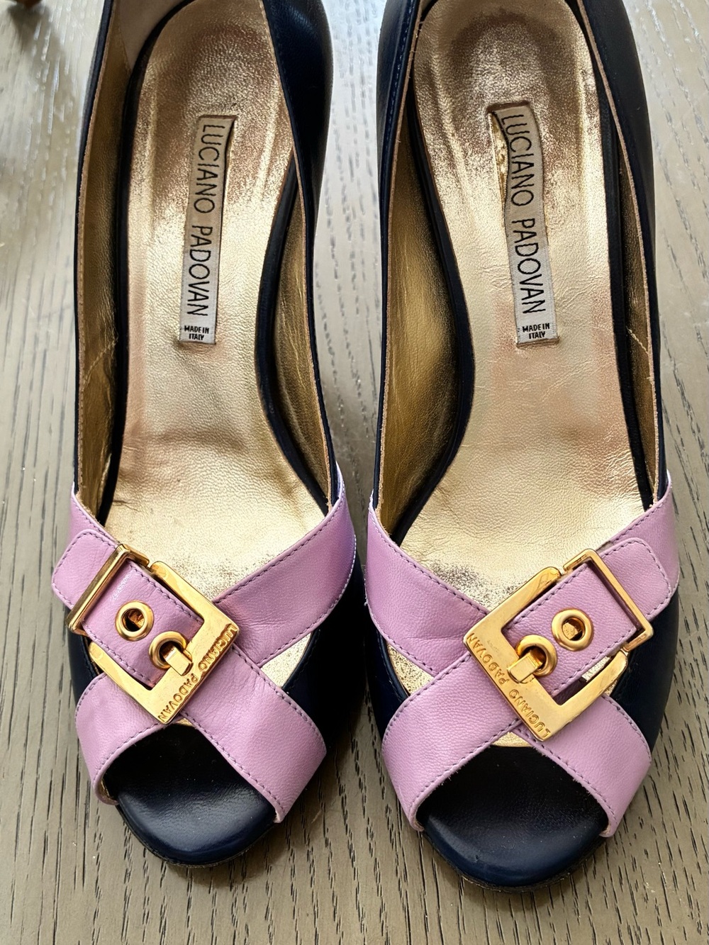Black and Pink Cross-Strap Heels with Gold Buckle